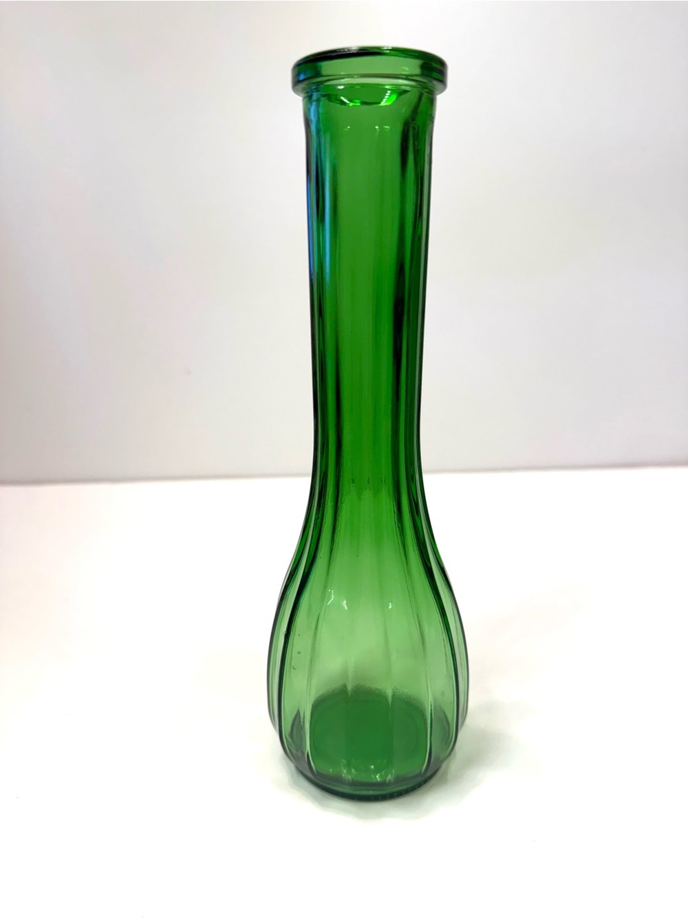Vintage Emerald Green Ribbed Glass Bud Vase Mid Century 9”
